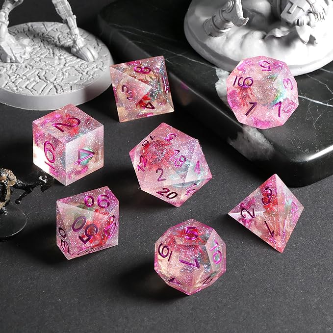 Resin DND Dice, DNDND Handmade Flowers Sharp Edge D&D Die Set with Gift Case for D&D Dungeons and Dragon Tabletop Games (Matt Purple)