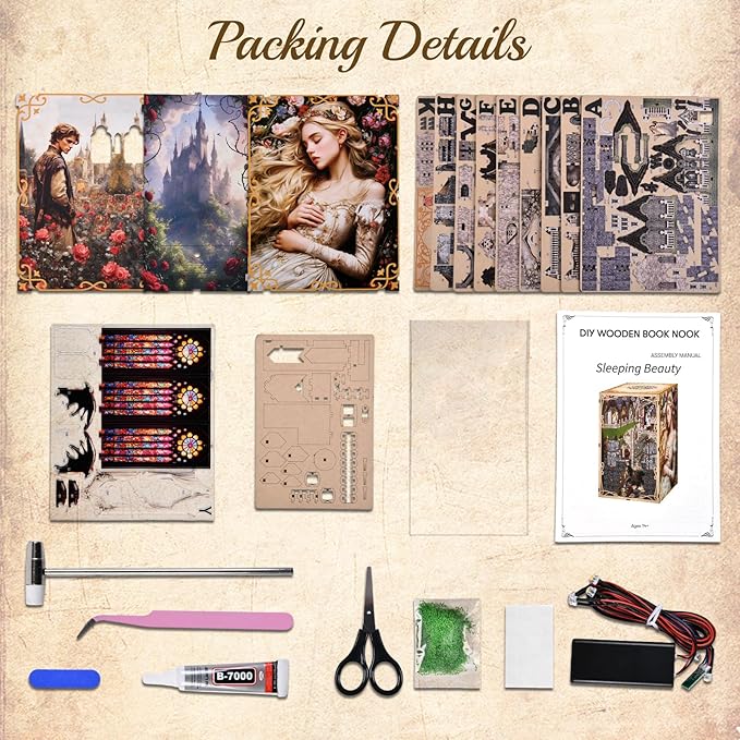 Book Nook Kit - DIY Doll House Booknook, Book Nook Miniature Kit for Bookshelf Doll Houses for Adults Teen Halloween, 3D Wooden Puzzle Bookends with Led Light and Dust Cover (Sleeping Beauty)