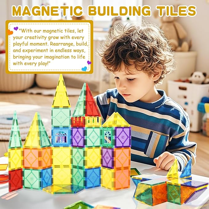 Magnetic Tiles 104PCS with 2 Cars – Montessori Magnetic Blocks for Toddlers | Sensory Toys, Outdoor Activities, Classroom Must Haves, 3 Year Old Girl Gifts, Toys for 3 Year Old Boys