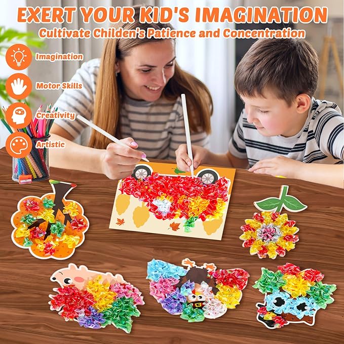 8PCS Poke-in Craft Art Kit Kids Fall Thanksgiving No-Mess Fabric Sewing Girl Boy 4-12 Puzzle Puncture Painting DIY Turkey Pumpkin Fall Harvest Toy Gift Creative Activity Game Birthday Party