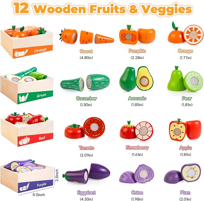 Wooden Play Food for Toddlers, Color Food Groups, Fruit & Veggies Cutting Set, Pretend Play Food Kitchen Accessories for 3 4 5 6 7 Years Old Boys & Girls