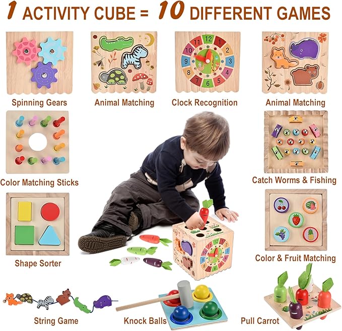 Wooderma Activity Cube, 10-in-1 Wooden Montessori Toys for Toddlers,Multipurpose Educational Sensory Toy for Baby, Preschool Learning Fine Motor Skills Game, First Birthday Gifts for 3 4 5 Year Old