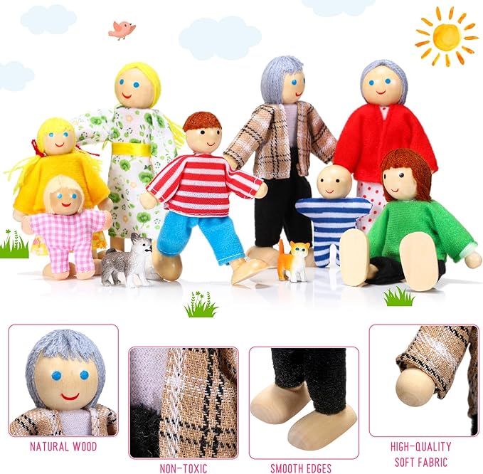 Skylety 10 Pcs Wooden Dollhouse Set of Mini People Figures Dollhouse Dolls Wooden Doll Play Figures Accessories(Bright Style)