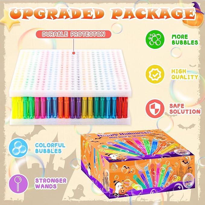 300 Piece Halloween Party Favor Bubbles, Halloween Bubble Wands Bulk for Kids Party Favor Supplies, Trick or Treat Goodie Bags, School Classroom Game Rewards, Halloween Miniatures