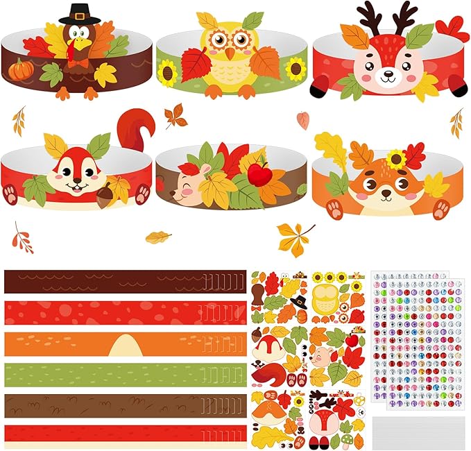 Cinrobiye 24 Sets Fall Crafts Kits Autumn Animal Paper Crown Craft Kit Bulk DIY Harvest Headbands Craft for Holiday Thanksgiving Birthday Party Favors Gift Home School Art Project Activity Game Prizes