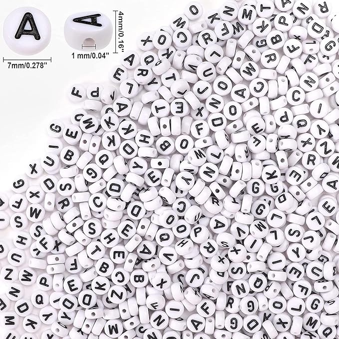 Letter Beads, DECYOOL 1900Pcs 4×7mm Wihte Black Acrylic Alphabet Beads with 1 Roll Elastic String for Bracelet Necklace