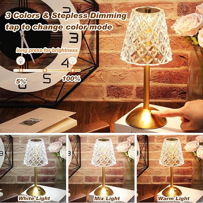 Liliful 2 Pcs LED Portable Cordless Table Lamp Touch Battery Operated Rechargeable Gold Desk Lamp 3 Color Dimmable for Bedroom Living Room Dining (Gold,Diamond Style)