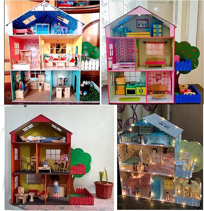 StonKraft Wooden 3D Puzzle Doll House - Home Decor, Construction Toy, Modeling Kit, School Project - Easy to Assemble (Doll House with Furniture)