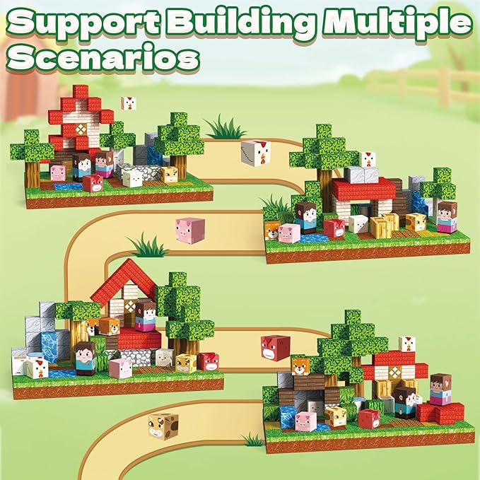 100PCS Magnetic Blocks - Travel Magnetic Building Blocks Set with 2-in-1 Magnet Box, Magnet Cubes Build Forest Farm STEM Sensory Construction Toys for Boys & Girls Ages 3-5 4-8 8-12 Birthday Gifts