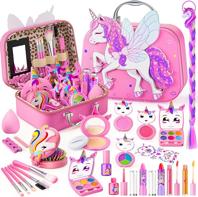 Kids Makeup Kit for Girl - Girls Makeup Kit Toys with Flying Horse Storage Case, Kids Play Makeup Set for Christmas Birthday Gift 3-12 Years Old