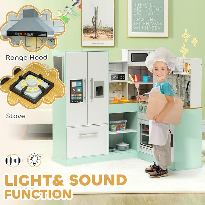 Qaba Play Kitchen, Corner Kids Kitchen Playset with Chalkboard, Range Hood, Ice Maker, Stove, Refrigerator Microwave, Realistic Sound & Lights, Pots, Gift for Toddlers Ages 3+ Years Old