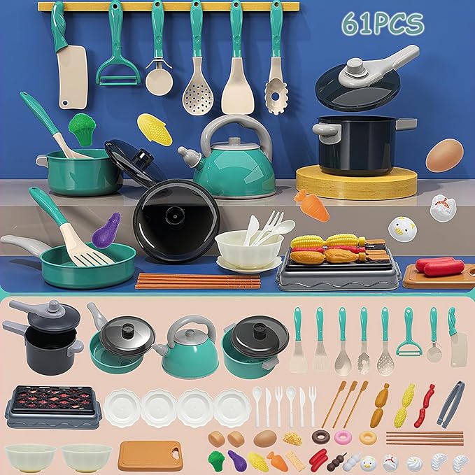 Kids Kitchen Toy Accessories, 61PCS Toddler Pretend Cooking Play Pots, Kitchen Playset, Play Pots, Pans, Utensils Cookware Toys, Play Food Set, Vegetables, Learning Gift for Girls Boys (Green)