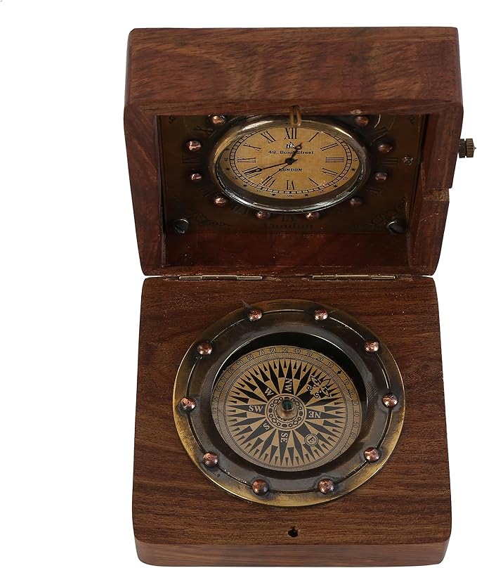 Handmade Brass Sundial Compass with Rosewood Box - Authentic Vintage Maritime & Nautical Decor, Collectible Gift for Him or Her