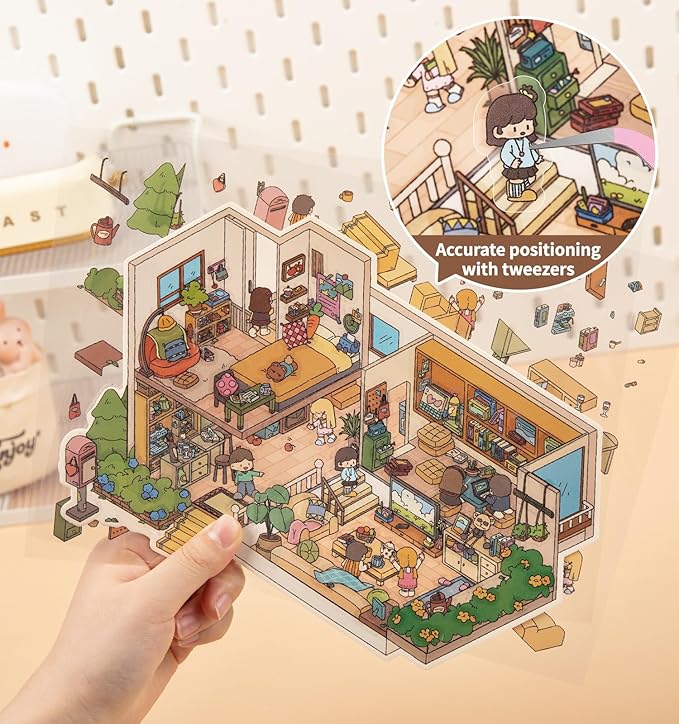 DIY 3D House Stickers, 4 Sets Fun DIY Stickers Scene Make Your Own Mini House Cute Cartoon Animal Scene Stickers for Kids Adult Sticker Art Relief Stress Pass The Time- Large Size