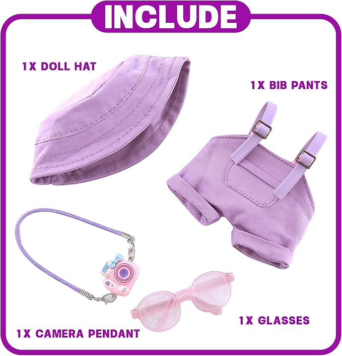 17cm Doll Clothes 4-Piece Dolls Accessories with Purple Overalls, Fisherman Hat, Glasses & Pendant Outfit for Plush Dolls – Accessories Only, No Doll Included