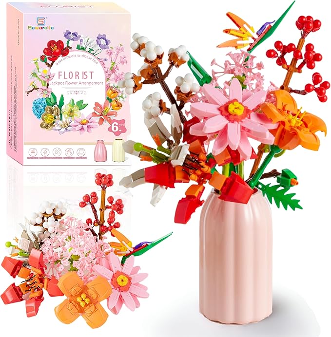 Sawaruita Pretty Pink Flowers Bouquet Building Blocks for Adult,Wildflower Botanical Collection with Vase -Plants Block Toy for Home&Office Decor,Gift for Valentine's Day,Mother's Day,Birthday