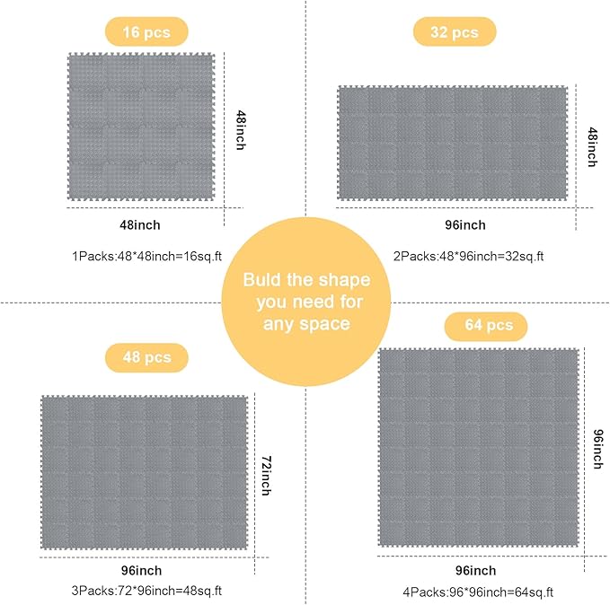 Shihanee 16 Pcs Foam Floor Baby Tiles 11.81 x 11.81 inches Foam Floor Mats Play Mats Bulk with Borders Interlocking for Kids Baby Playroom Nursery Gym（Gray）