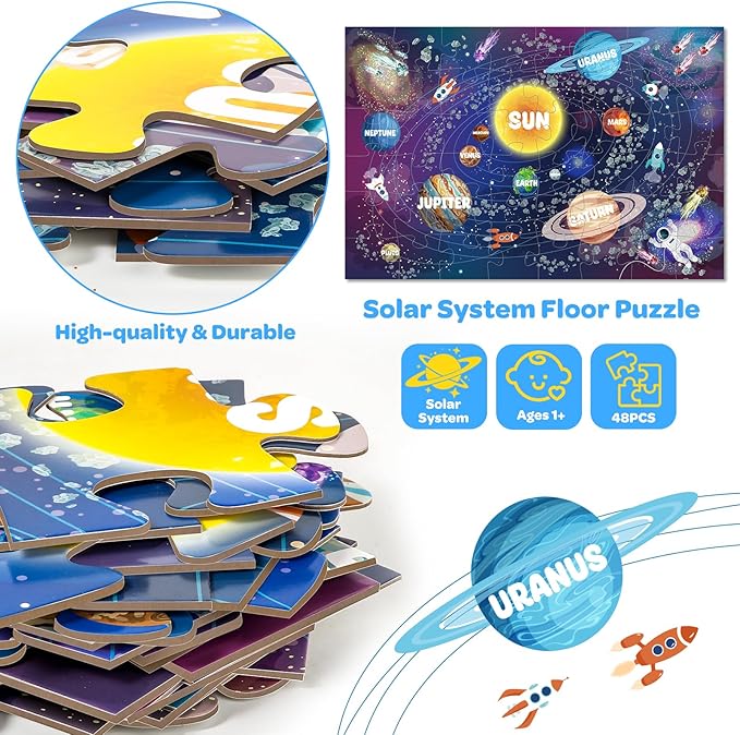 Jumbo Floor Puzzle for Kids Ages 4-6, 48 Piece Large Solar System Jigsaw Puzzle, Extra-Thick Cardboard Preschool Learning Toys for Toddlers 3-5, Educational Gift for Boys Girls 3 4 5 6 7 8