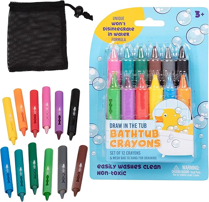Bath Crayons Super Set - Set of 12 Draw in the Tub Colors with Bathtub Storage Mesh Bag -Non-Toxic, Safe for Children, Won't Disintegrate in Water -Art Project for Kids and Toddlers