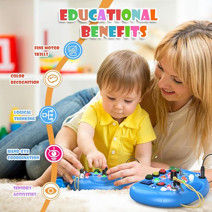 Busy Board with LED Light, Montessori Busy Board for 1+ Year Old, Sensory Toys for Toddlers 1-3, Fidget Board Travel Toys for Kids Preschool Learning Activities Boys Birthday (Blue)