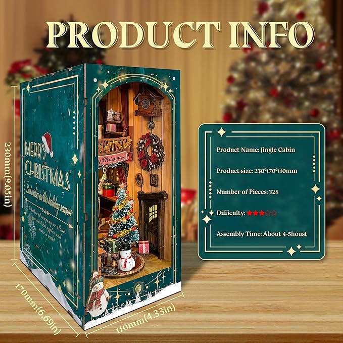 Christmas Book Nook Kit with LED Light - 3D Wooden Puzzles Booknook for Book Shelf Decor - DIY Dollhouse Kit - Book Nooks Decor with Dust Cover Jingle Cabin(SQ-34)