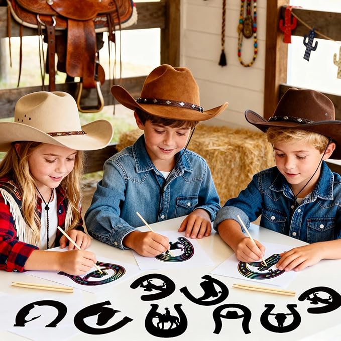 Western Cowboy Scratch Cards 80 Pcs Horseshoe Rainbow Scratch Art Paper with Wooden Stylus for Boys and Girls DIY Colorful Horse Craft Kits Home School Western Theme Birthday Festive Party Favors