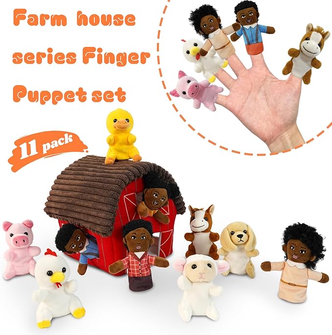 11 Pcs Finger Puppets Set Mini Toys, Soft Plush Animal Finger Puppet for Kids Mini Stuffed Animals with Farm House, Family Finger Puppets for Toddlers Storytelling Role-Playing Christmas School