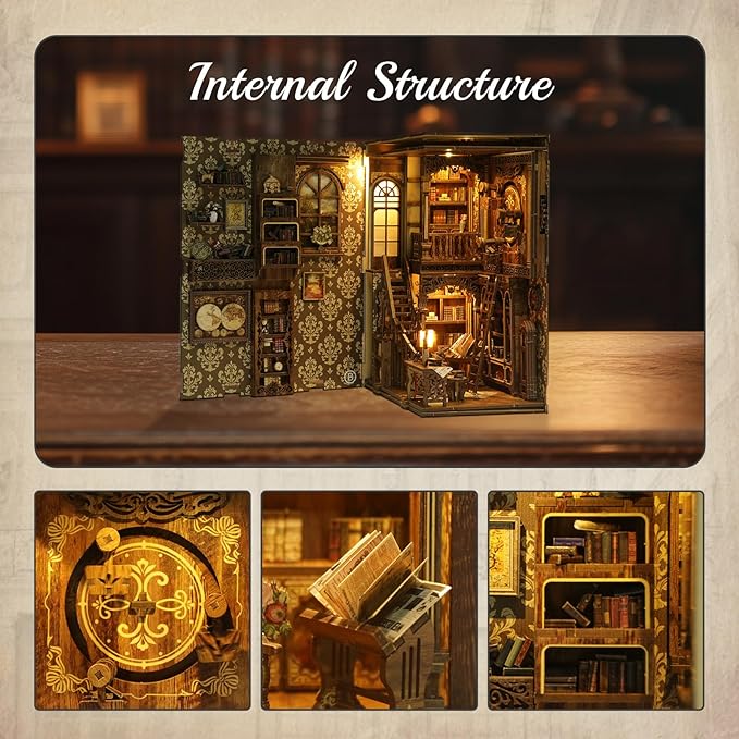 Book Nook Kit - DIY Enchanted Cottage Miniature House for Adults & Teens, 3D Wooden Puzzle Booknook with LED Lights, Bookshelf Insert Decor & Creative Model Building（Antique Books Collection Room）
