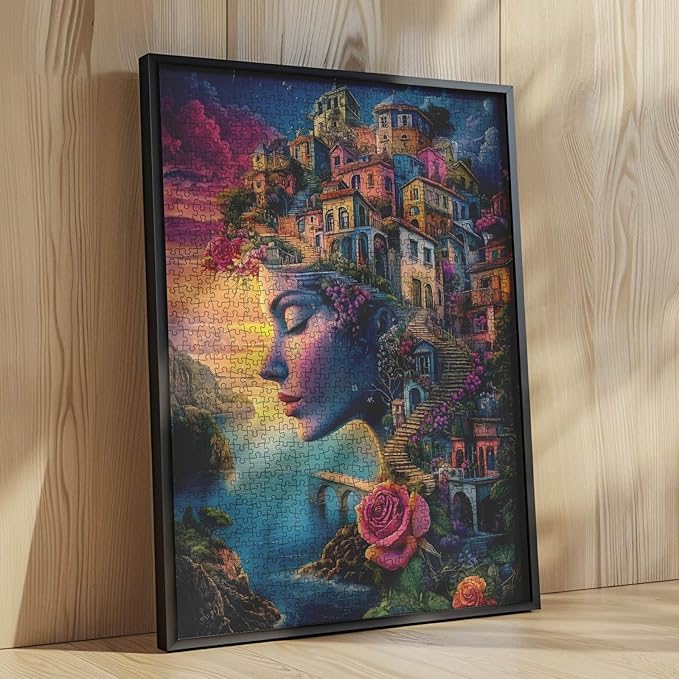 Portrait Woman 1000 Piece Jigsaw Puzzle Seaside House Landscape Jigsaw Puzzles for Adults Gifts Surreal Earth Girl Challenging Puzzle Perfect for Game Nights