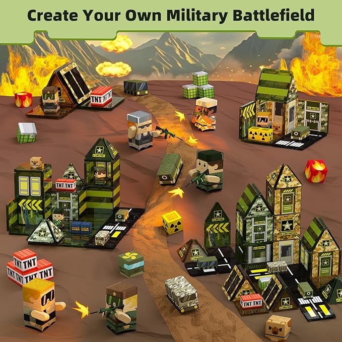 GobiDex 100PCS Magnetic Building Blocks Army Toys, STEM Military Magnetic Tiles with Army Men, Magnet Construction Toys for Toddler Kids Ages 3-5 5-7 4-8, Birthday Gifts for 3+ Year Old Boys Girls