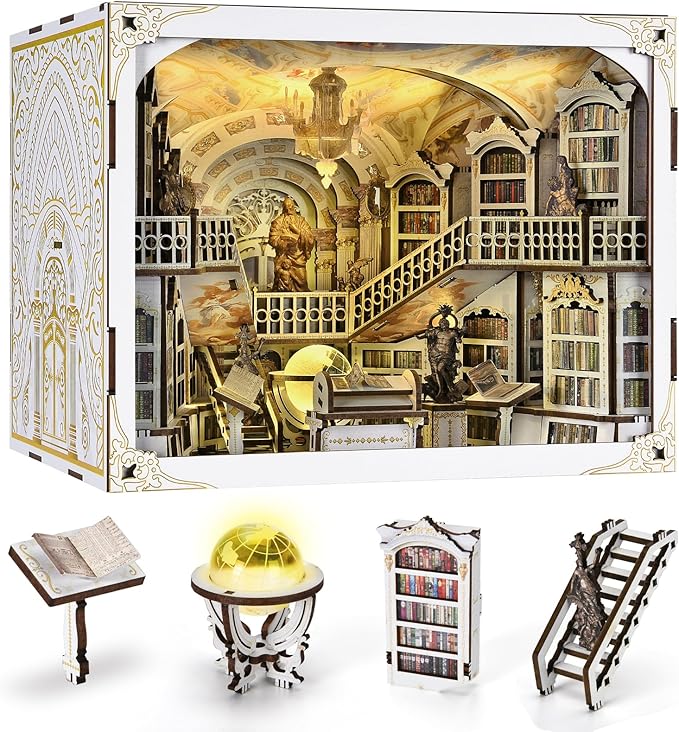 𝐂𝐂𝐂𝐃𝐅 DIY Book Nook Kit, DIY Miniature Dollhouse Booknook Kit, 3D Wooden Puzzle Bookend Bookshelf Insert Decor with LED Light for Adults (Library of Gods Max)