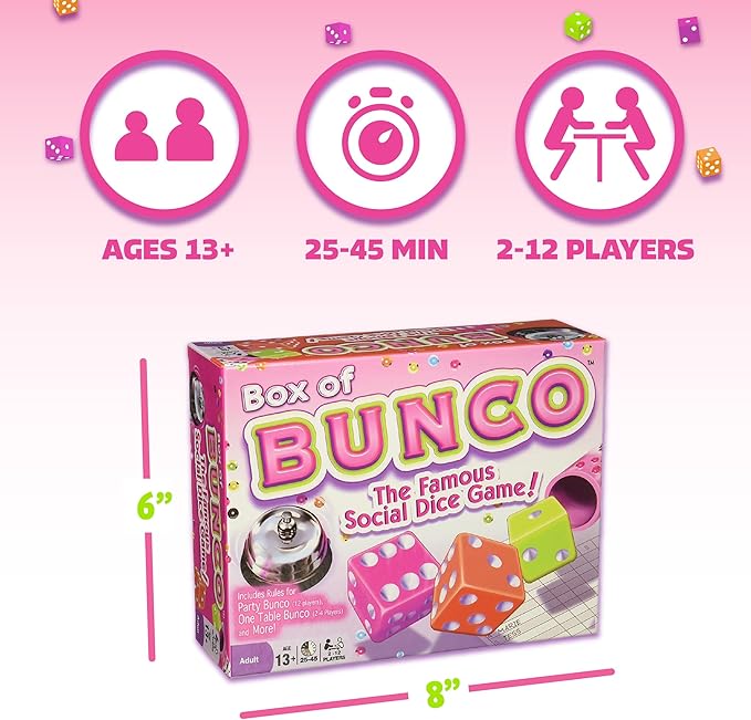 Continuum Games Retro Bunco Game Kit Party Box for Ladies Night 2-12 Players 3 Sets of Bunco Dice, Bell, and Score Pad for Game Night