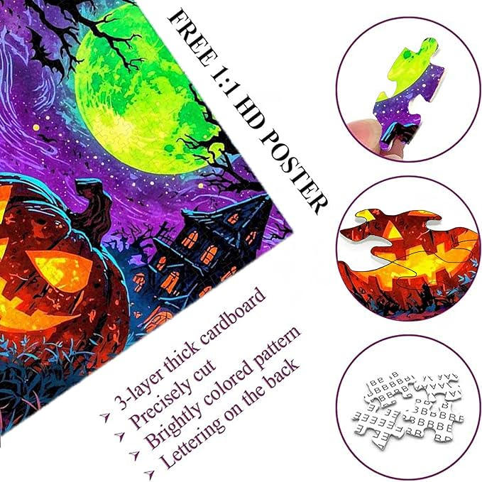 1000-piece Halloween - Scary Pumpkin Graveyard Adult Wooden Puzzle, Intellectual Challenge, Stress-Relieving Puzzle, Relaxing Family Activity, Decoration, Size: 29.5 x 19.7 in