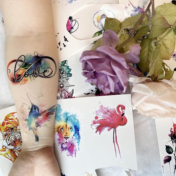 32 Sets of Temporary Tattoo Stickers Watercolor Design DIY Animals Small Temporary Tattoos for Adults and Children