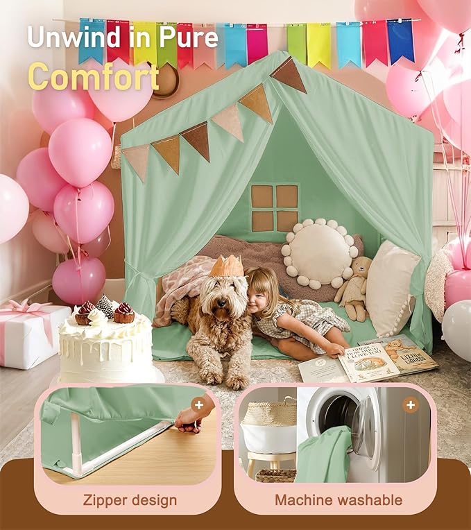Kids Tent, Play Tent with Star Lights, Large Play Tents with 2 Windows, Kids Playhouse Indoor & Outdoor, Reading Nook, Christmas Toddler Tents for Girls & Boys, 52" x35" x 51", Green