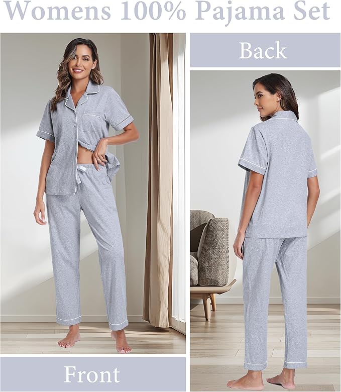 CF Womens 100% Cotton Pajamas Set Button Down Pjs Sets Short Sleeve Top & Long Pants Sleepwear Comfy Loungewear with Pockets
