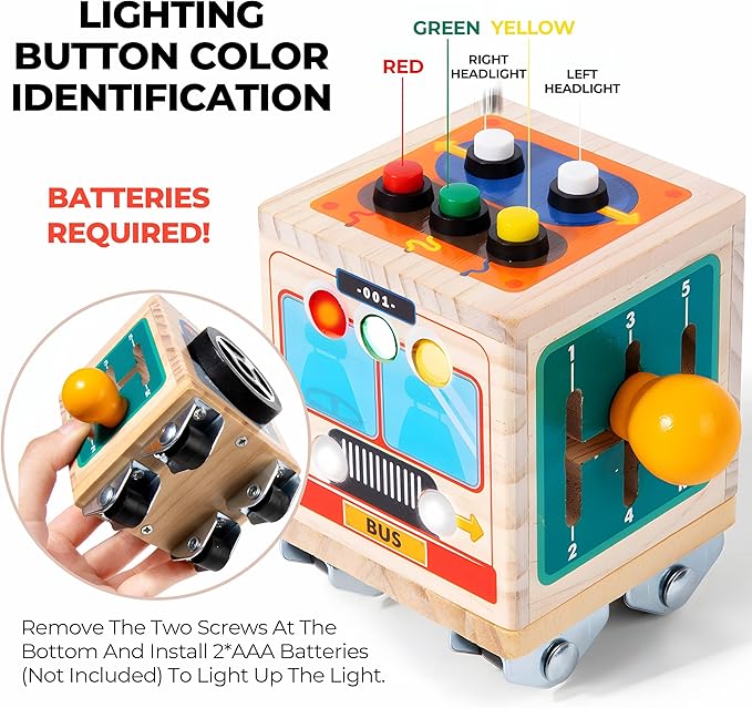 Wooden Activity Cube for Baby,Bus Busy Cube Montessori Travel Toys for Toddler 1 Year Old