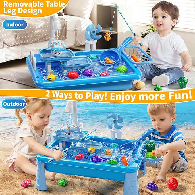 Water Table Play Sink Toy for Kids 2 3 4 5 6 Years Old - Outdoor Kitchen with Running Water, Fishing Games, Toddler Water Play Table for Kids Ages 3-8, Beach Outdoor Toys, Summer Gifts(Blue)