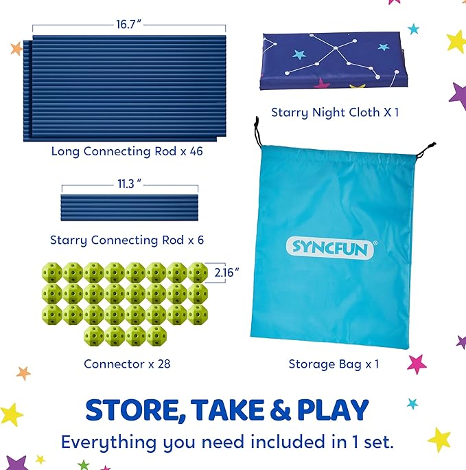SYNCFUN Fort Building Kit for Kids, STEM Creative Construction Toy with Starry Night Cloth, Storage Bag for Indoor & Outdoors Activity, Educational Gift for Age 3 4 5 6 7 8 9 10 11 12 Boys and Girls