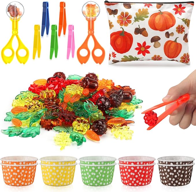 Jenaai 228 Pcs Sensory Bin Filler Fine Motor Skills Toys Counting Weight Sorting Toy Set with Acrylic Fall Leaves Pumpkin Tweezers Scissors Clips Cups and Storage Bag for Thanksgiving and Autumn Decor