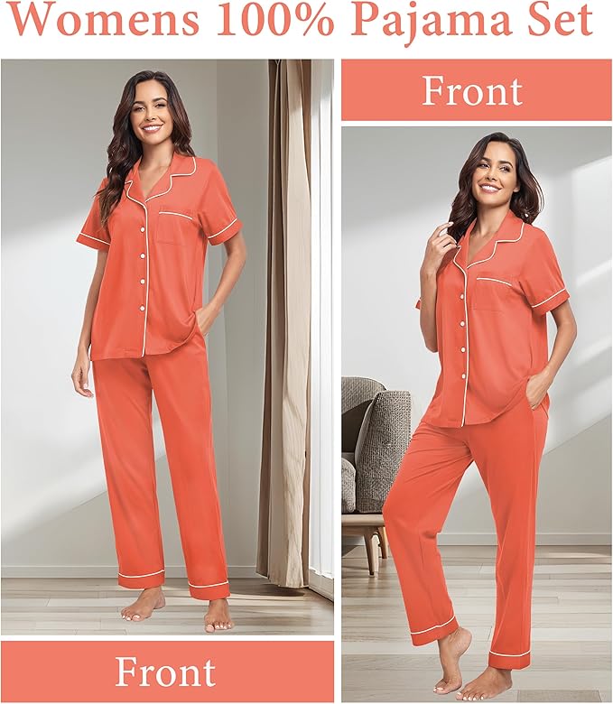 CF Womens 100% Cotton Pajamas Set Button Down Pjs Sets Short Sleeve Top & Long Pants Sleepwear Comfy Loungewear with Pockets