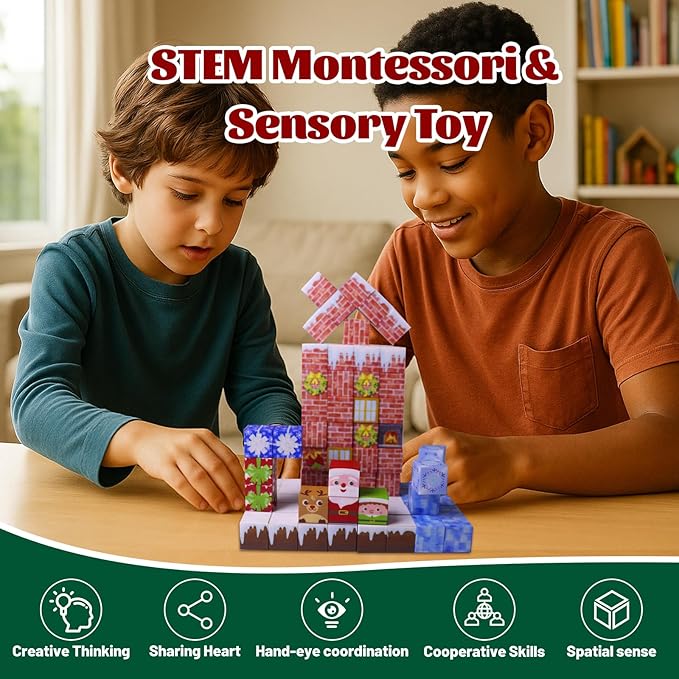 Magnetic Blocks - 150 PCS Magnets Block Sensory Educational Interactive Building Toy Set for Toddlers Kindergarten Creative STEM Learning Gift, Magnet 0.8in Tiles Construction Suit, Snow and Christmas