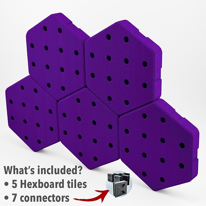 Hexagon Pegboard Tiles, 4.5"x4" each, 5-Pack, Normal-Sized Holes, Make Custom Designs, Easiest to Mount, Expand Existing Pegboard or Fill In Unused Space, Hexboard (Velvet Purple, 4 Inch)