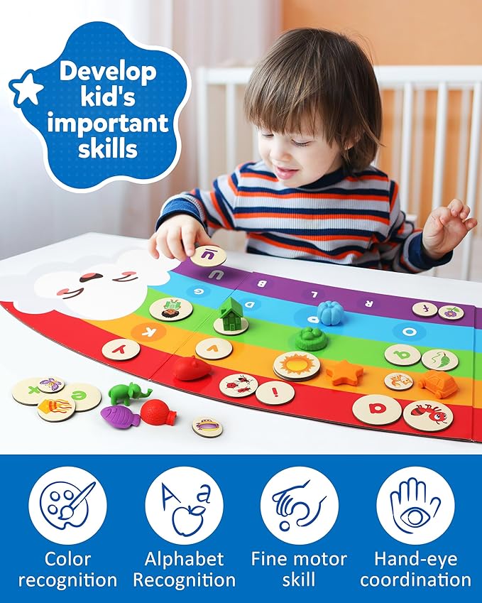 Coogam Rainbow Alphabet Learning Toy, Magnetic Letters and Mini Figures Sorting Matching Game, Fine Motor Educational Teaching Activity for Preachool Kids 3 4 5 Year Old