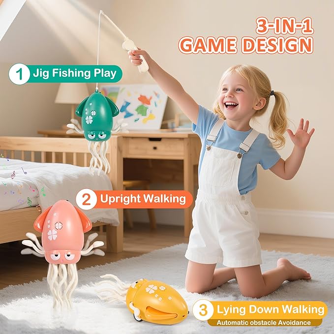 Dancing Octopus Toy with LED Lights and Music, Fishing Rod, Automatic Avoidance, Crawling, Tummy Time Toy, Suitable for Children 3 Years and Older, Birthday Gift (Pink)