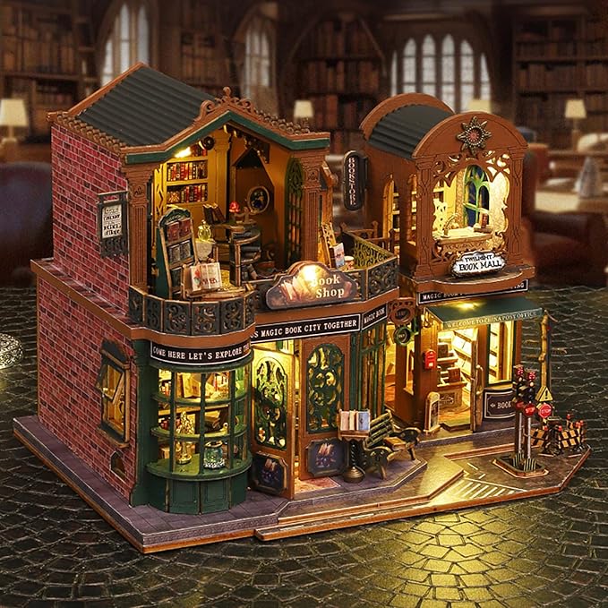 DIY Book Nook Kit - DIY Miniature Dolls House Kit with Furniture and LED Light, 3D Puzzle Wooden Art Bookends, Model Kits for Adults to Build (Twilight Bookstore)