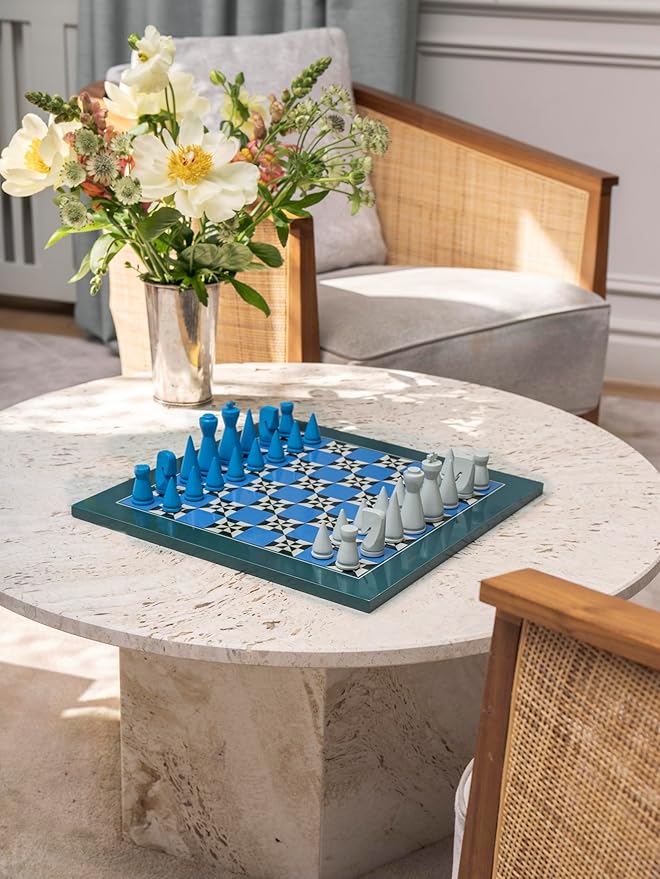 Printworks Lacquered Chess – Poseidon – Multi-Color Wooden Chess Set with Solid Wood Board – Elegant Coffee Table Game for Adults & Kids Ages 5+ – Multilingual Instructions Included