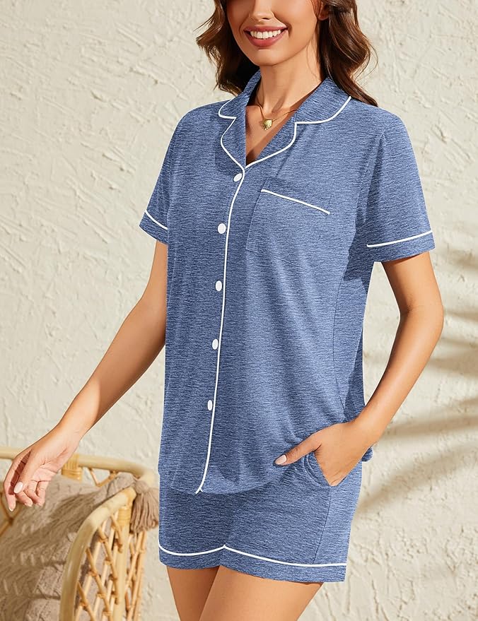 SWOMOG Womens Button Down Pajamas Set Short Sleeve Sleepwear Bride Soft Pj Lounge Sets XS-3XL