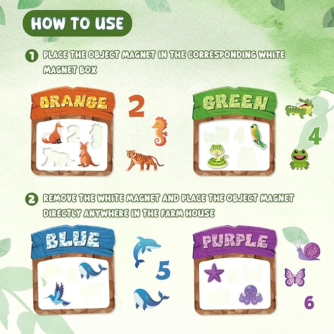 10Pcs Magnetic Color Sorting Set 60 Fridge Magnets for Kids, Cute Animal Refrigerator Magnets for Kids Early Education Color Sorting Shape Matching