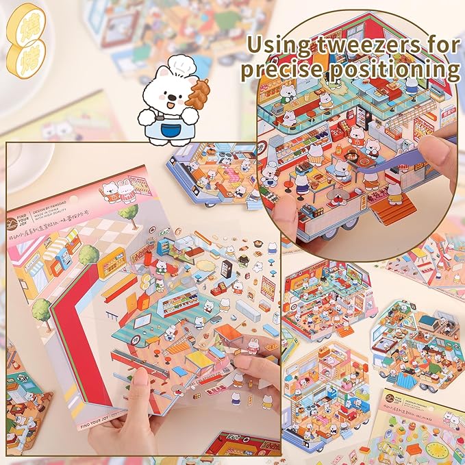 Girls 3D Miniature Scene Stickers,4 Sets Mobile Home DIY House Stickers for Cooking Car,Barbecue Car,VC Energy Car,Camping Car,Cute 3D Cartoon Scene Stickers for Adult Kids Relief Stress Pass The Time